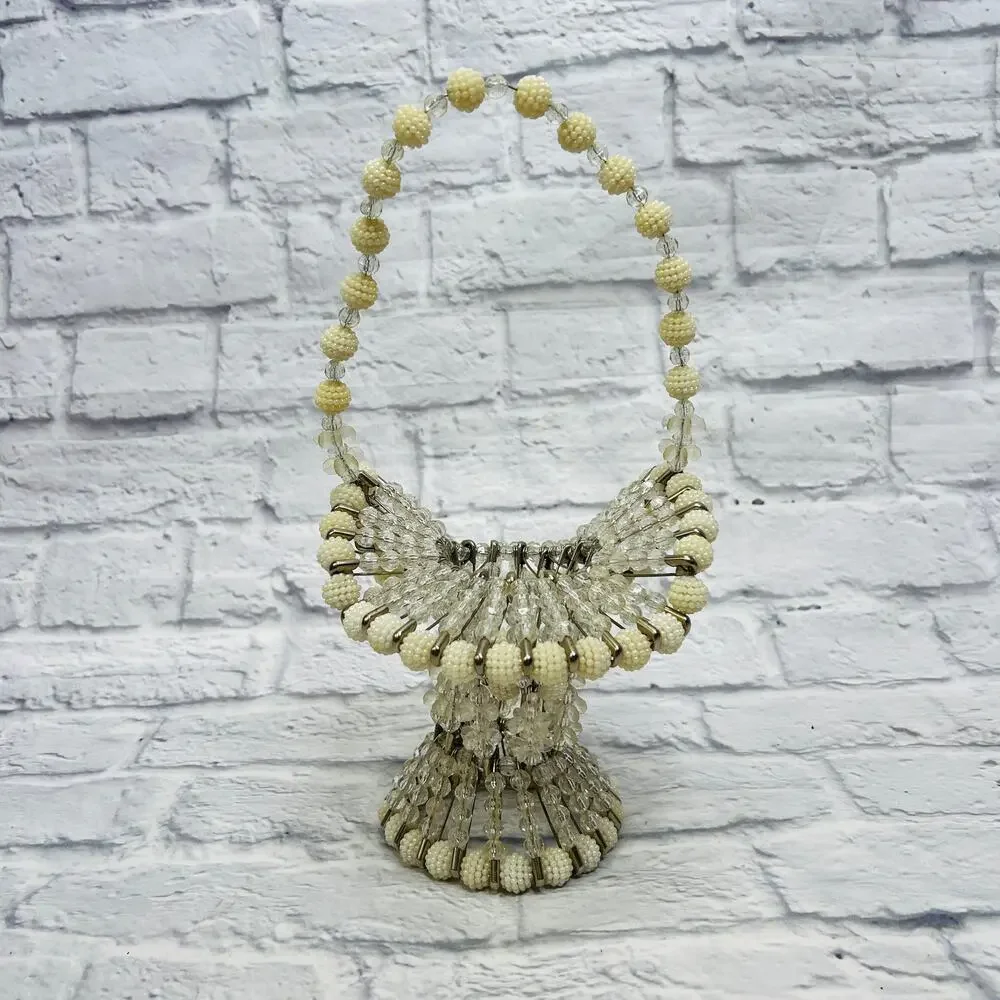 Vintage Handmade Beaded Safety Pin Basket Mid Century Pearl Silver 12